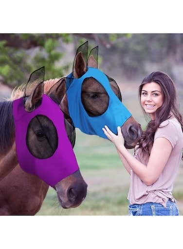2 Pieces Horse Fly Mask Horse Mask with Ears Smooth and Elasticity Fly Mask with UV Protection (Purple+Blue, One size)