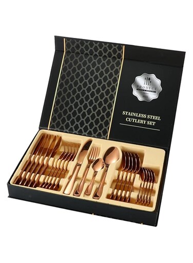 Arabest Silverware Set，24-Piece Stainless Steel Flatware Service for 6, Mirror Finish Cutlery Set with Gift Box (RossGold)