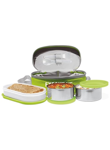6-Piece Lunch Box Set with Insulated Bag &amp; Cutlery - Includes Microwave Safe Oval Plastic Container (500ml) &amp; 2 Stainless Steel Containers (280ml Each), Keeps Food Hot - Executive Green 500ml
