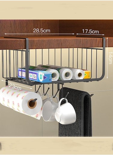 1Pcs Hanging Kitchen Under Shelf Storage Organizer Basket For Cabinet Add-on Space Rack Slide-In Wire Baskets For Laundry Pantry Desk Bookshelf Black