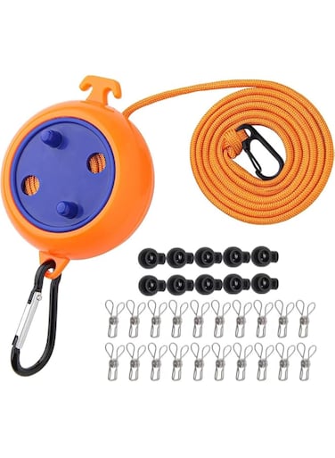 Goodern Portable Travel Clothesline Cord,Adjustable 10M Camping Clothes Line with 20Pcs Windproof Clothespins Retractable Clothesline Laundry Drying Rope for Hotel Trip Camping Backyard Outdoor/Indoor