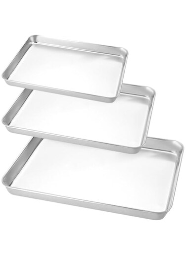 Beauenty 3 PCS Stainless Steel Baking Tray Set, Rectangular Multi-Purpose Flat Bottom Tray, Deepen Thicken Cooking Tray Baking Tray For Restaurant, Kitchen, Oven (Large+Medium+Small)