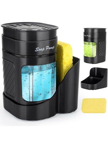 Kitchen Dish Soap Dispenser with Sponge Holder, 3-in-1 Countertop Dishwashing Soap Pump Dispenser Set for Kitchen Sink, Useful Kitchen Gadgets With Wood Paddle Sponge