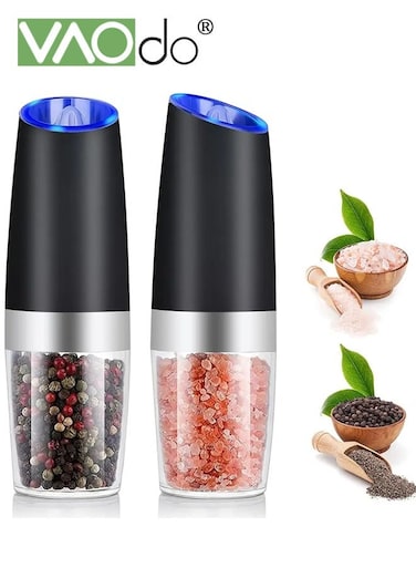 2PCS Gravity Electric Pepper and Salt Grinder Set, Adjustable Coarseness Battery Powered with LED Light One Hand Automatic Operation, 5.08*19.69CM Black