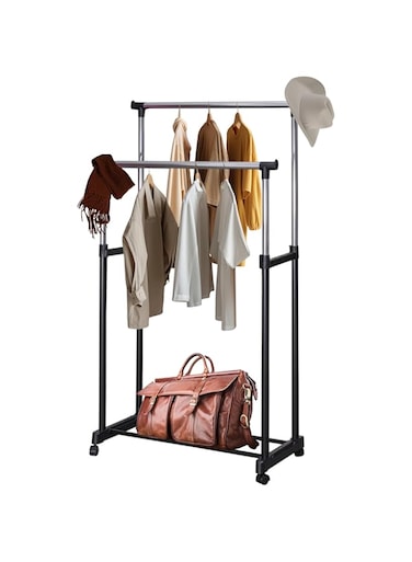 WT-EASYCARE Multipurpose Double Garment Rack Heavy Duty Cloth Rail   Dual Rod + Wheels Garments Rack with Bottom Shelf for Shoes, Blazer, Suit   Portable Foldable Garment Hanging Rack