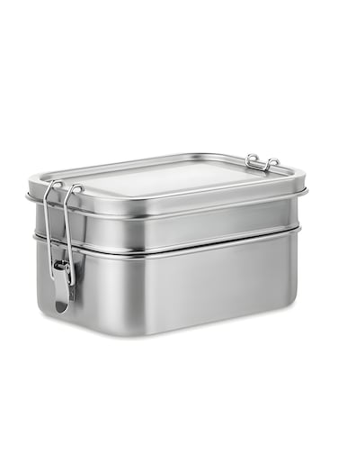 Premium Stainless Steel Lunch Box Leakproof Bento Box with Steel Lid, Silicone Gasket &amp; Lock Clips - Double Tier, 1.4L