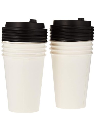 Soft N Cool Hotpack Disposable Heavy Duty Paper Cup White 12 ounce with Black Lid, 10 Pieces for Hot &amp; Cold Drinks, Coffee &amp; Tea.