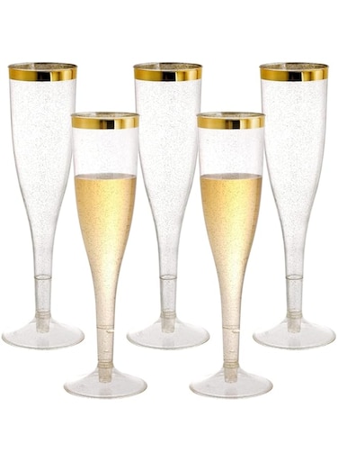 NALACAL 6 Pack Gold Glitter Plastic Champagne Flutes, 6.5 OZ Clear Tumblers, Premium Disposable Cups for Weddings and Elegant Events
