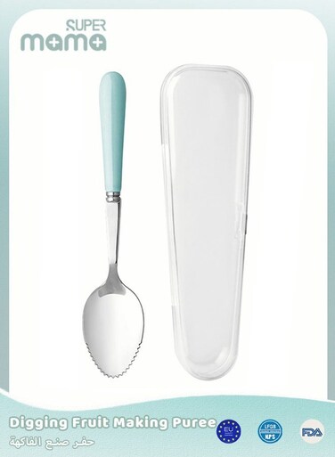 1 Piece 304 Stainless Steel Spoon, Baby Feeding Serrated Spoons, Kids Digging Fruit or Toddler Complementary Food with Dust Box, Dishwasher Safe