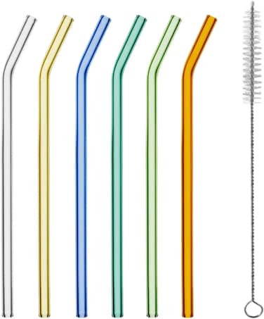 Set of 6 Plastic Straws, 210mm Transparent Wide Glass Straws with 1 Cleaning Brush - Assorted Colours