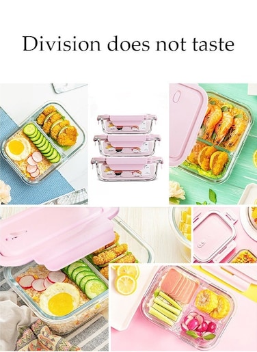 3 Pieces Glass Kitchen Meal Preparation Container, Glass Meal Boxes, Glass Bowls 680ml,2Pcs 1040ml, Refrigerator Frozen Food Sealed Preservation Box, Microwave Heating Glass Meal Box, Pink Color