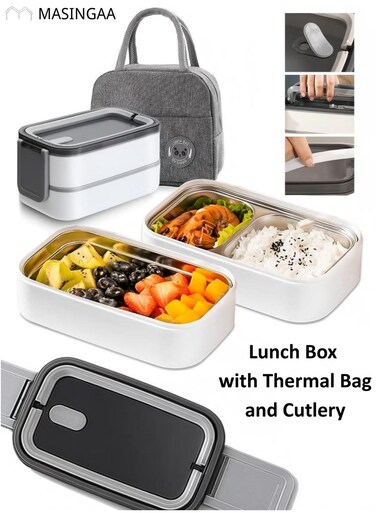 Stainless Steel Lunch Box for office with Thermal Bag and Cutlery, Double-Layer, Microwave-Safe, Made of 304 Leakproof Stainless Steel, Detachable with Thermal Insulation, Ideal for Adults, Students, Office, or School (1400ml)