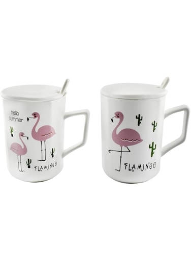 GulfDealz Hello Summer, Flamingo Cups With Spoons Set of 2 - White &amp; Pink