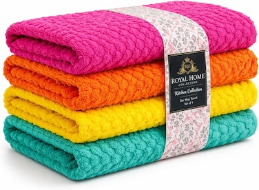 Bliss Casa Kitchen Towel Set (4 Pack, 16x20 Inch) - Cotton Dish Towels, Durable Cleaning Cloths, Highly Absorbent Durable Multipurpose Bar Towels &amp; Dish Cloths (Multi)
