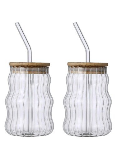of 2 Stylish Vintage Wave Shaped 17oz Drinking Glasses with Lids &amp; Straws - Ideal for Ice Coffee, Juice &amp; Beverages, Durable Ribbed Glassware