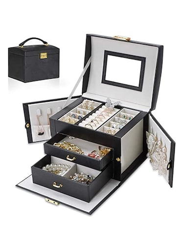 KASTWAVE Portable PU Leather Jewelry Box with 2 Drawers, Lockable Organizer with Built-in Mirror, Compact Makeup Storage for Girls and Women&rsquo;s Gifts