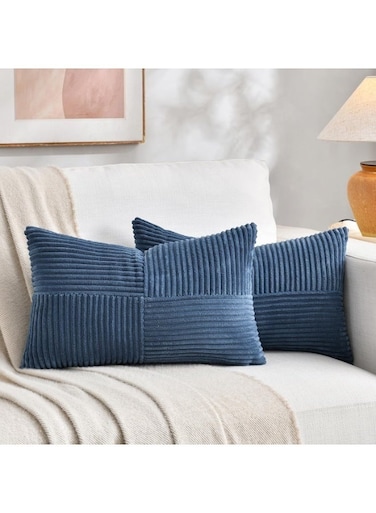 2 Pack Lumbar Decorative Throw Pillow Covers, 30x50cm Soft Striped Corduroy Rectangle Accent Cushion Case for Couch Bed Sofa, Rustic Farmhouse Boho Home Decor (Dusty Blue)