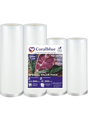 Coralblue Vacuum Sealer Rolls - Pack of 4 (2 Roll 28cm*5m, 2 Roll 22cm*5m), BPA Free Food Saver Rolls Have Multiple Sizes Great for Sous Vide, Meal Prep and Food Storage (4)