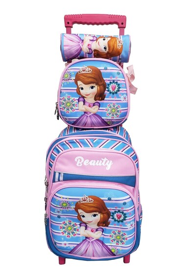 Cartoon Printed Kids School Trolley Backpack Set, 3 Pieces, 16.5 Inch Rolling Bag Lunch Box Pencil Case.Sky Blue Beauty