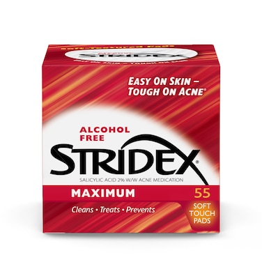 Stridex Medicated Acne Pads, Maximum, 55 Count &acirc;&euro;&ldquo; Facial Cleansing Wipes, Alcohol Free, Acne Treatment for Face, For Moderate Acne, Smooth Application