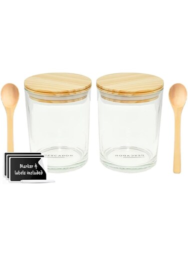 PESCADOR Glass Jars with Airtight Wooden Lids, Containers for Pantry, Bathroom Canisters, Dishwasher Safe, with 1 Chalk, and 3 Labels, 500 ml, Set of 2