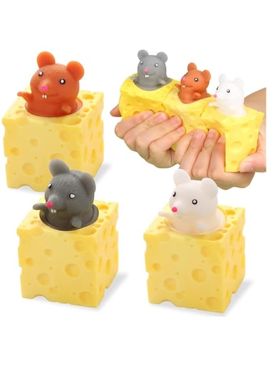 Joyzzz Squishy Cheese Toy, 3PCS Silicone Squeeze Cheese Toy, Stress Relief Squeeze Toy Mouse in Cheese, Toys Mouse in Cheese for Adults and Kids Birthday Gifts (Grey, White, Brown)