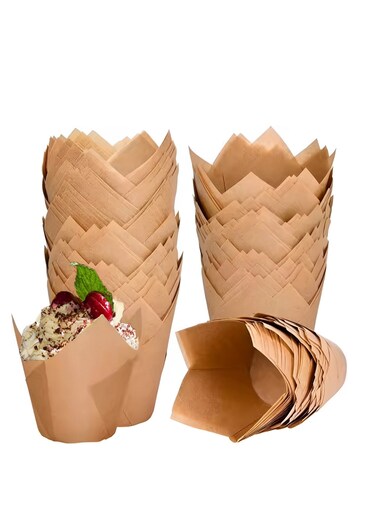 Natural Tulip Cupcake Liners for Baking, Parchment Paper Muffin Wrappers, Greaseproof and Non-Stick, Perfect for Party, Birthday and Wedding