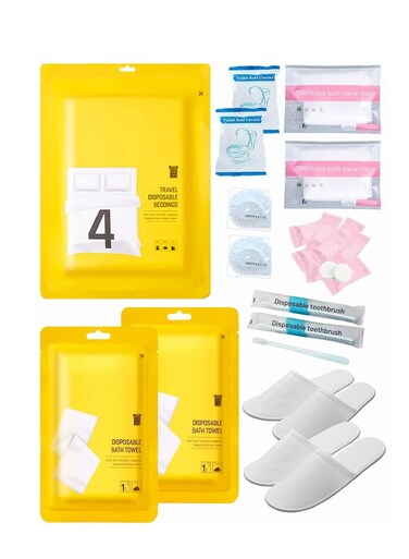 Disposable Travel Set: Bed Sheet&Atilde;&mdash;1+Duvet Cover&Atilde;&mdash;1+Pillow case&Atilde;&mdash;2+Bath Towels&Atilde;&mdash;2+Shower Caps&Atilde;&mdash;10+Plastic Bathtub Bag&Atilde;&mdash;2+Toilet Seat Covers&Atilde;&mdash;2+Compression face Towel&Atilde;&mdash;8+Toothbrushes&Atilde;&mdash;2+Slippers&Atilde;&mdash;2