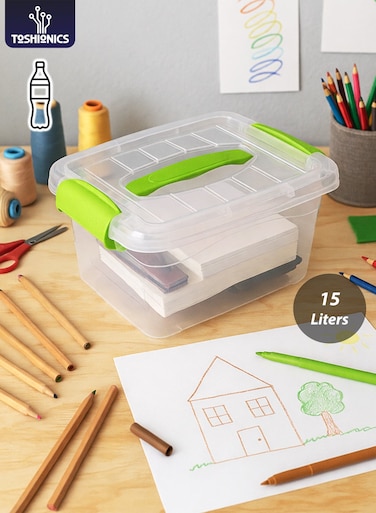 15 Liters Premium Clear Plastic Storage Box with Lockable Lid, Carry Handle &amp; Clip Locks T114629 &acirc;&euro;&ldquo; Stackable Transparent Organizer Bin for Clothes, Toys, Tools &amp; Home Storage (34&Atilde;&mdash;25&Atilde;&mdash;21 cm)