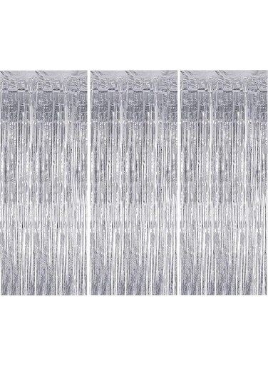 Generic 3 Pack Metallic Tinsel Curtains, Foil Fringe Shimmer Curtain Party Tinsel Backdrop for Wedding Birthday Party Door Windows Decorations-Silver
