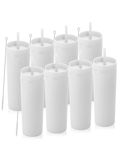 Volhoply 20oz Tumbler with Lid and Straw 8 Pack,Double Wall Plastic Skinny Tumblers Bulk,Reusable Travel Cute Coffee Mug,BPA Free Matte Acrylic Water Cups With Straw for Party,DIY Gifts(White,8 Set)
