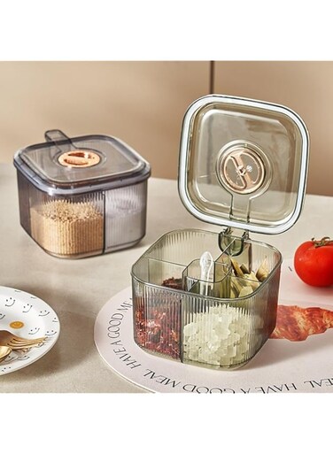 NALACAL Kitchen Spice Box,Seasoning Organizer Box,4 Compartments Sealed Clear Seasoning Box With Lid,Seasoning Box with Cover and Serving Spoons,Condiment Jars,Plastic Seasoning Box Container Set