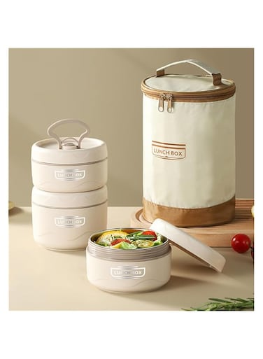 CityRiya-Long Portable Insulated Lunch Container,3-Tier Stainless Steel Insulated Lunch Box with Thermal Bag and Utensils,Stackable Leakproof Food Containers，for Work Camping Outdoor (Beige, 3 Tier)