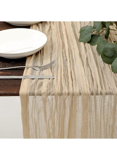 DSGUO FUSU 13.3ft Cheesecloth Table Runner 36x160inch Boho Gauze Cheese Cloth Table Runner Rustic Sheer Runner For Wedding Bridal Baby Shower Birthday Party Cake Table Decorations (Beige)
