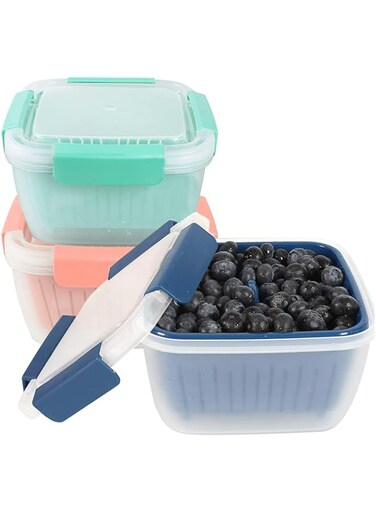 Tazweeq 3 Pack Berry Keeper Fruit Storage Container for Fridge, 50oz Fresh Food Produce Saver Containers with Removable Drain Colanders, Vegetable Lettuce Keeper Bowl, Refrigerator Organizer
