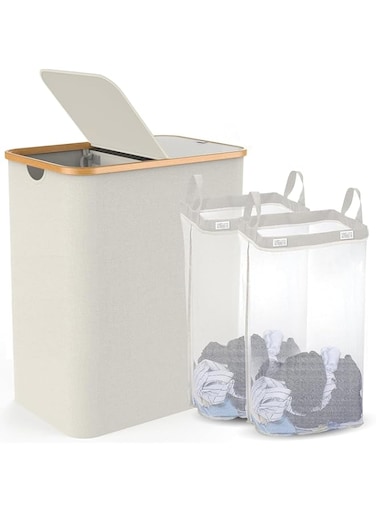 TMOHRA 150L Laundry Hamper with Lid-Large Laundry Basket with Bamboo Handles, Grey Hampers for Laundry, Dirty Clothes Hamper with 2 Removable Inner Bags for Clothes Toys Towels (White)