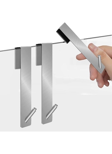 JZS Stainless Steel Shower Hooks, 3 Pack Modern Brushed Style, Heavy Duty, 17.8cm Extended Over Door Hooks for Frameless Glass Shower Door, 35 lbs Weight Capacity