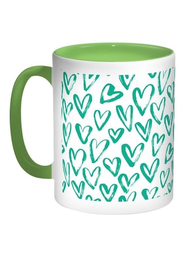 Hearts Printed Coffee Mug Teal Green/White/Black 11ounce