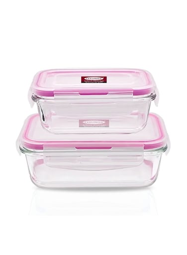 Glass Storage Food Container 2Pcs 600+400ml With Pink Silicone Lid Clear 19x14x12cm