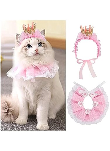 NA/ HALAMODO Cat Collar Cat Bandana for Cats, Princess Cat Costumes for Cats, Cute Lace Dog Bandanas and Cat Crown Accessories for Cats Small Dogs, Pink Outfit for Birthday Party