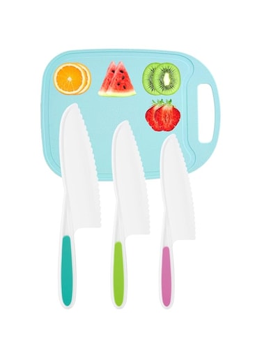 Oasisgalore Kids Knife 4-Piece with Cutting Board - Toddler Knife Set Children's Cooking Nylon Knives - Serrated Edges and Firm Grip Suitable for Cutting Salad, Fruit, Cake, Lettuce (3 Sizes &amp; Colors)