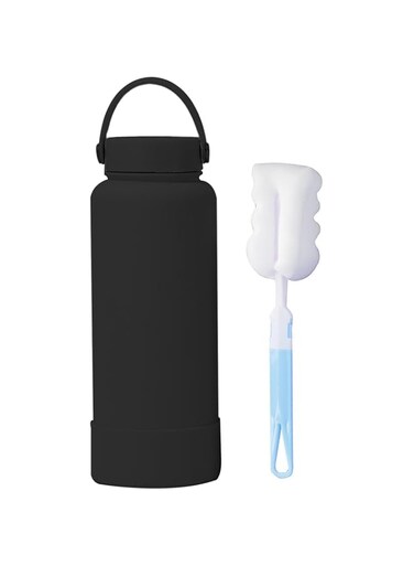 QUEENADA 1000ml Water Bottle - 304 Stainless Steel Thermos Bottle with Straw, Sports Bottle with 2 lids(black)