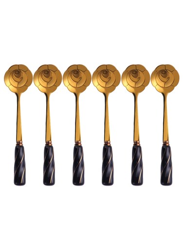Rose Flower Shaped Coffee Spoon Set Gold/Black 12 x 2.8cm