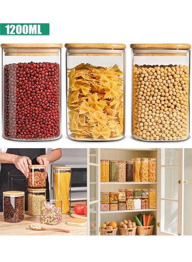 Glass Storage Containers with Lids Glass Jars with Lids Clear Food Storage Jar Square Canister Set of 3 Pantry Organizers and Storage for Flour Oat Pasta Tea Cookie Coffee Bean (3pcs-1200ml)