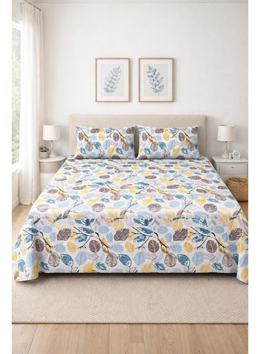 Size Bedsheet, With 2 Pillow Covers, Modern Geometric Bedding Set, King Size 240x220 cm, Cotton Blend Bed Sheet with 2 Pillowcases, Navy Blue, Black Tan White Leaves Pattern. Anti-Allergic Fabric. King Size Bed Sheet