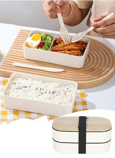 Dual-Layer Eco-Friendly Wheat Straw Lunch Box - Easy to Clean, Microwave Safe, Lightweight and Portable