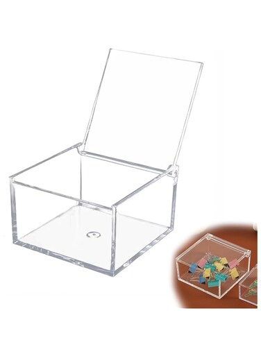 KASTWAVE Acrylic Storage Box with Hinged Lids, 2 Pcs Mult-Purpose Box Square Stackable, Transparent Display Cube Storage Organizer for Office, Wedding, Birthday Jewelry, Cake, Candy (80x80x60mm)