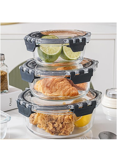 Glass Meal Prep Containers (3 pcs Round) - Glass Food Storage Containers with Lids, Glass Lunch Box, Portion Control, Airtight, Glass Bento Box Lunch Containers- 3P Round Black