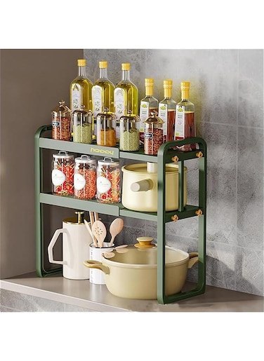 Expandable Countertop Organizer Shelf,2-Tier Kitchen Countertop Organizer Shelf,Cabinet Pantry Storage Shelves,Kitchen Spice Rack Organization and Storage for Kitchen Bathroom (2-Tier Green)