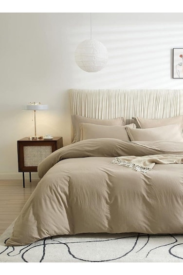 Home Single Size 4 Pieces Bedding Set Washable Cotton Plain Beige 160x210cm.